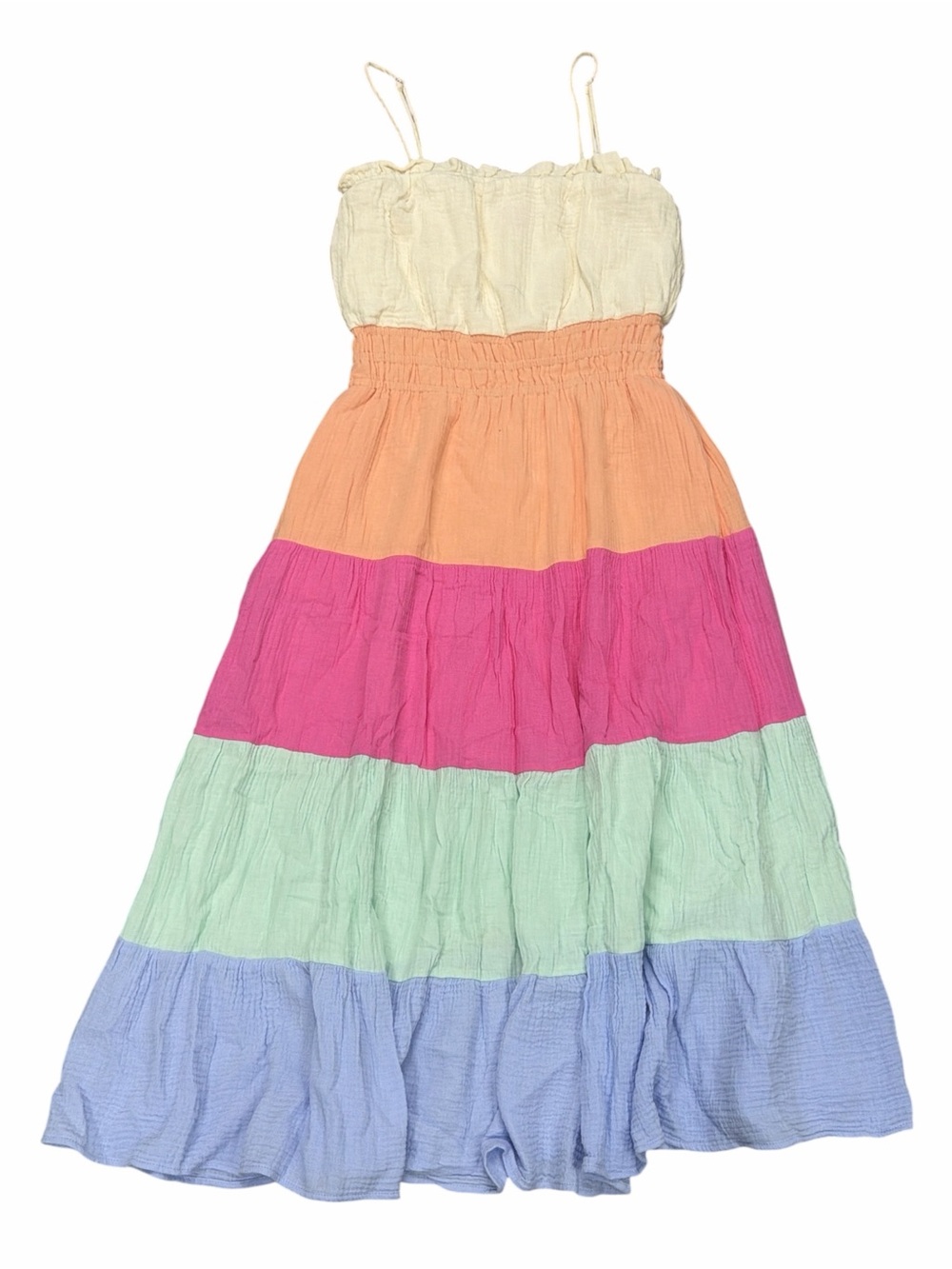 THML Tiered Spaghetti-Strap Maxi Dress in Cream, Peach, Pink, Mint & Lavender
